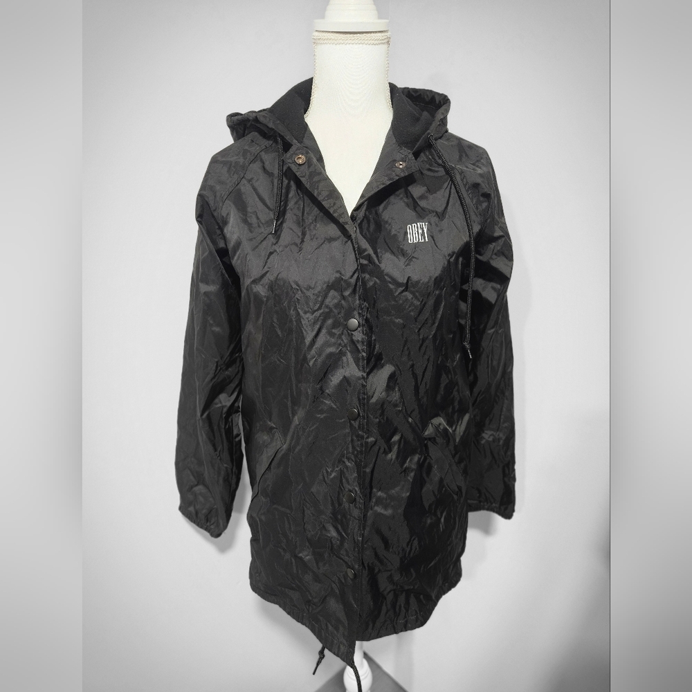 OBEY Unisex Black Fleece Lined Hooded Windbreaker Jacket Size Small